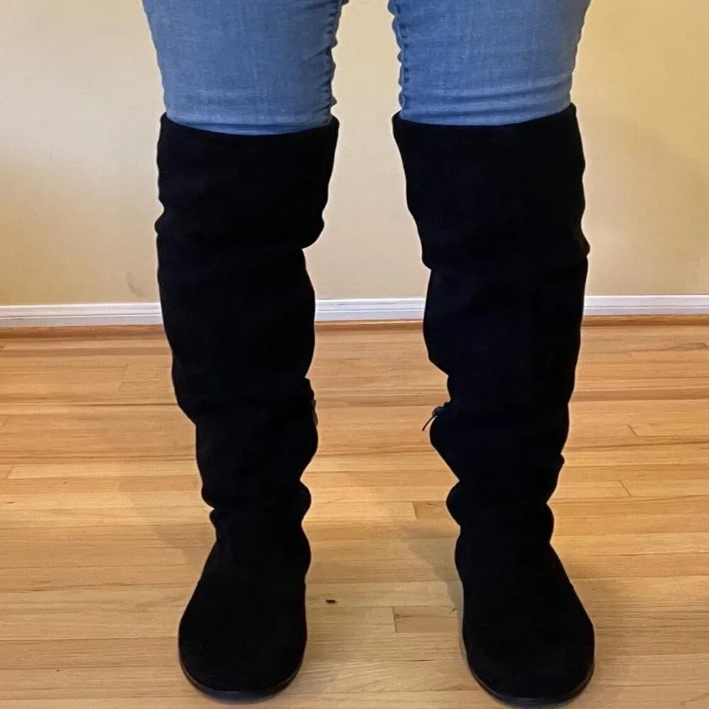 🆕Women Black-suede Thigh High Low Block Heel Casual Fashion Over the Knee Boot